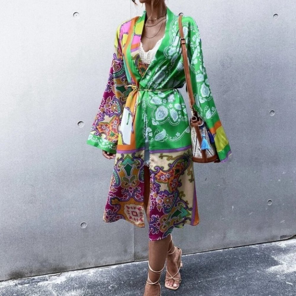 Print Open Print Kimono Cover-up Beach wear Duster - Picture 4 of 12